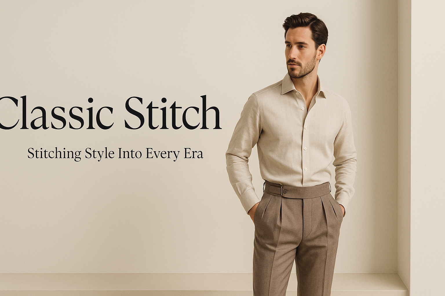A premium website banner for a men’s clothing brand – elegant and modern layout, featuring a well-dressed male model wearing classic formalwear (linen shirt, Gurkha pants), minimal background with neutral tones (beige, cream, or white), brand name "Classic Stitch" in stylish serif font, slogan "Stitching Style Into Every Era" subtly placed, with soft shadows and clean lighting. Banner size 1500x700 pixels, PNG format, suitable for website homepage. Luxurious and timeless aesthetic