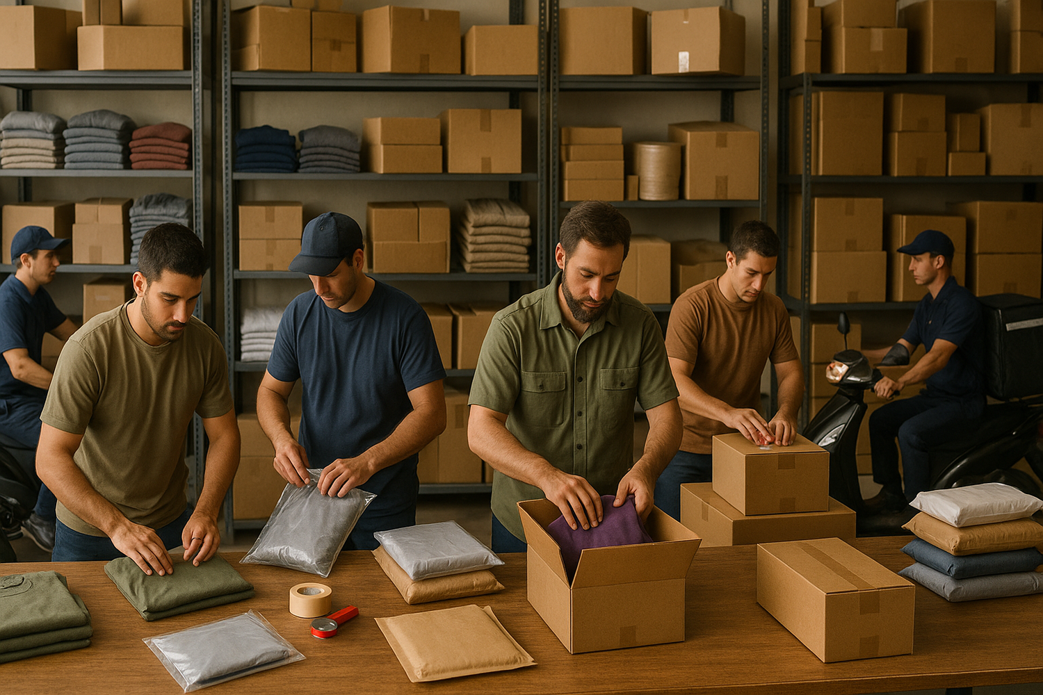 MAKE A PHOTO WHERE MEN PACKJING OUR PRODUCTS 3-4 GROUP OF MEN AND ADD DELIVERY BOYS ALSO