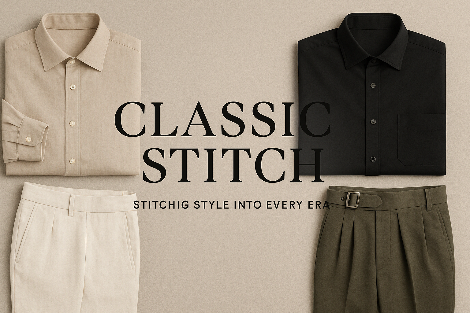 "Showcase a sleek, modern banner for a men’s clothing brand. The style should reflect timeless fashion with a touch of luxury – featuring tailored shirts, linen trousers, and Gurkha pants. Use a neutral color palette (beige, white, black, olive) and minimal, elegant typography. Include the brand name 'Classic Stitch' and the tagline 'Stitching Style Into Every Era'. The vibe should be classic yet contemporary, suitable for both urban professionals and fashion-forward individuals."

