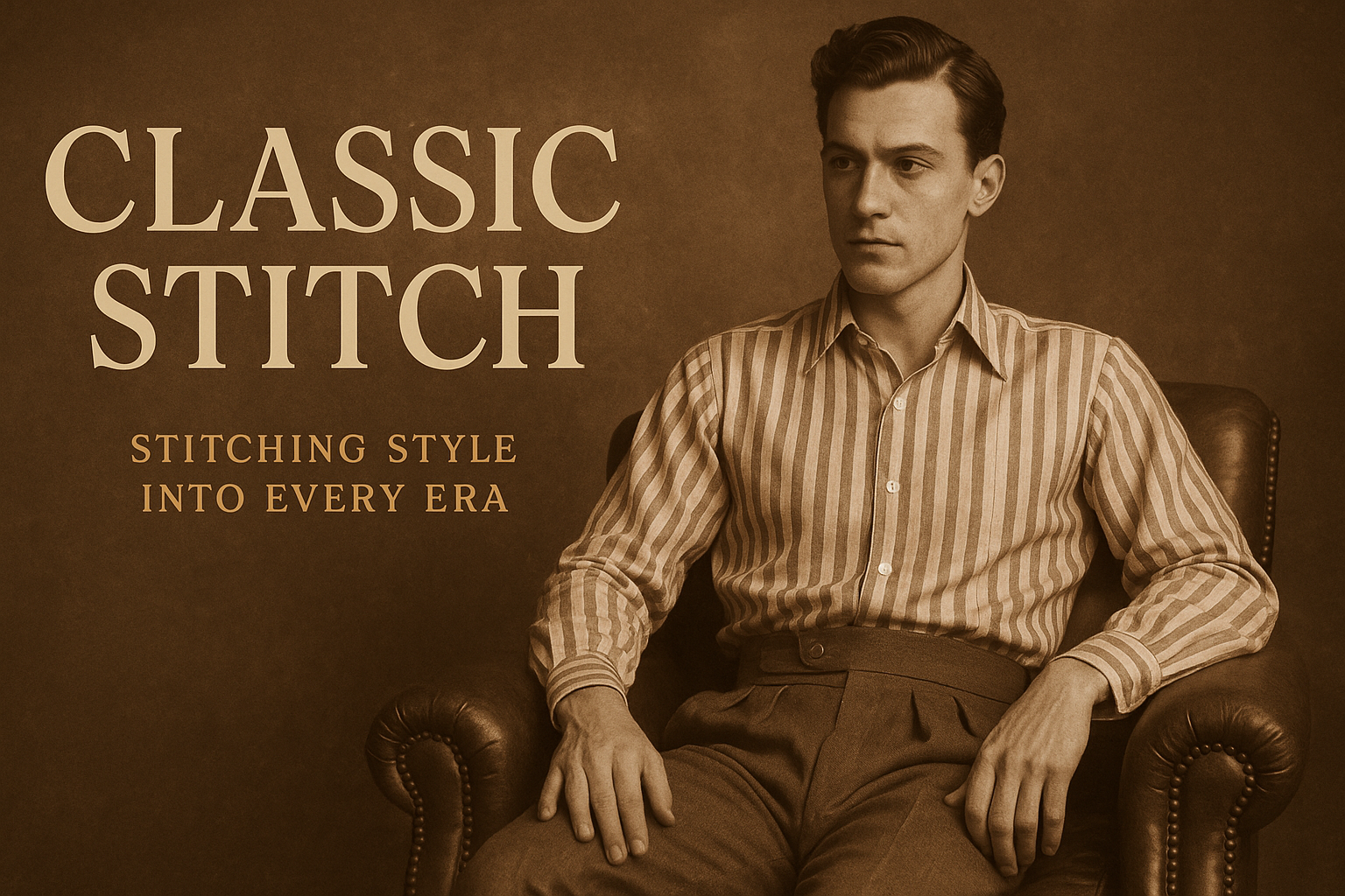 Vintage-inspired banner for a men’s fashion website. A sepia-toned scene with a male model in retro-style striped shirt and high-waist pants (Gurkha style), sitting on a leather armchair. Classic Stitch logo in old-school serif typeface, tagline "Stitching Style Into Every Era" in gold or bronze accent. Sophisticated, heritage mood. Banner